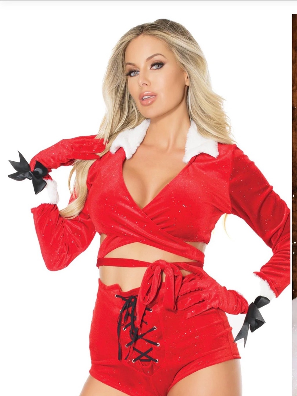 Sexy Red Holiday Wrap Top and Lace-Up Shorts Set - with gloves- COQUETTE
